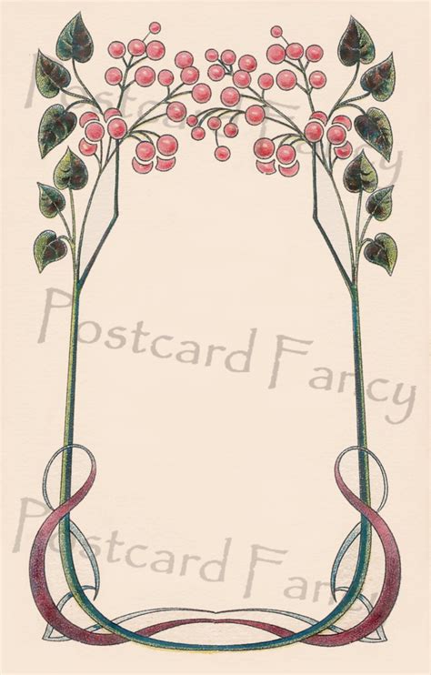 Art Nouveau Cherry Flower Border Postcard Instant Digital Download