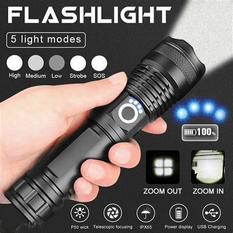 Powerful 90000lm Outdoor Led Flashlight Usb Rechargeable Tactical Torch 4 Modes Everything You