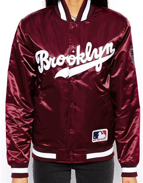 Majestic Brooklyn Dodgers Satin Baseball Bomber Jacket In Purple