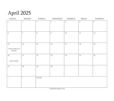 April 2025 Editable Calendar With Holidays