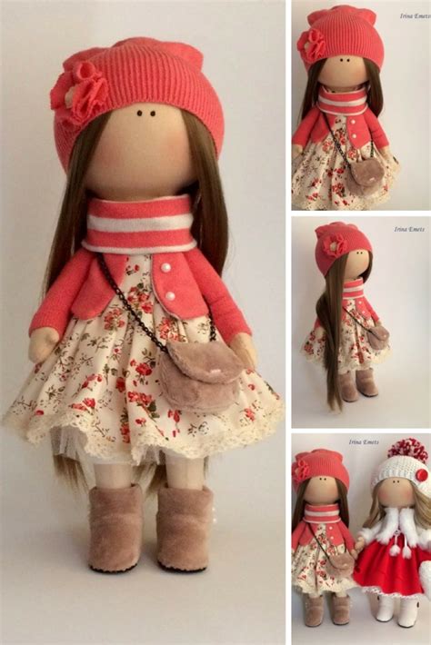 Textile Doll Handmade Doll Fabric Doll Coral Color Doll Soft Etsy