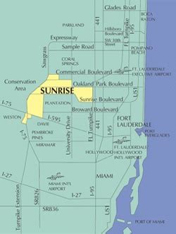 Detailed satellite map of sunrise city, florida showing roads, railway, airports, hotels, tourist sunrise city map, florida. City of Sunrise, FL : Location