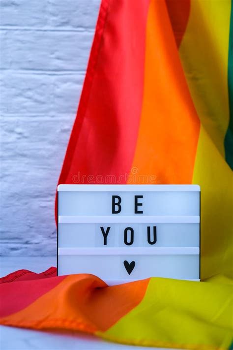 rainbow flag with lightbox and text be you rainbow lgbtq flag made from silk material stock