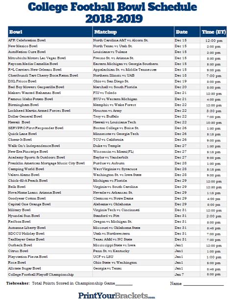 College Football Bowl Schedule Printable Pdf