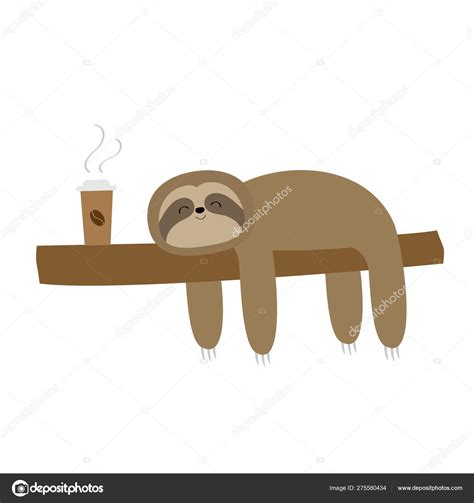 Sloth Sleeping On Tree Branch Cute Lazy Cartoon Kawaii Funny Character