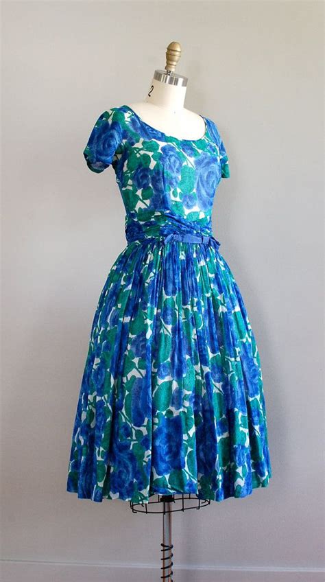 Vintage 1950s Cotton Dress 50s Floral Delphinidin Rose Etsy