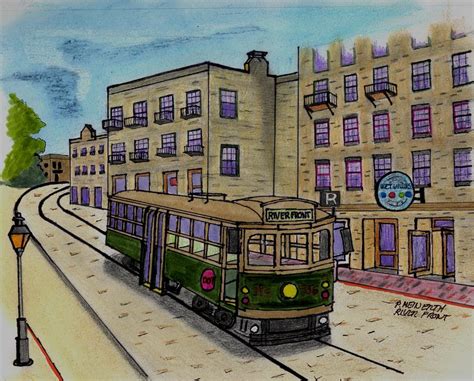 Riverfront Trolley Drawing By Paul Meinerth Fine Art America