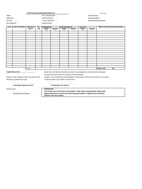 Dengan cara itu anda boleh mengawal maklumat di telapak tangan anda. Borang Elaun Tuntutan Lebih Masa (Excel)