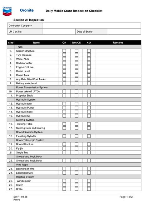Printable Free Weekly Forklift Inspection Checklist Template