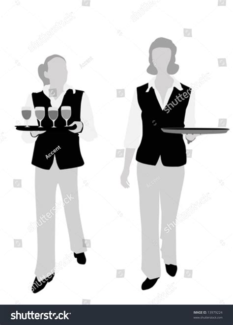 Two Waitresses Carrying Platters Vector Illustration Stock Vector