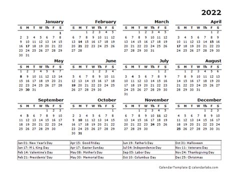 2022 Yearly Calendar Template With Us Holidays Free Printable Templates