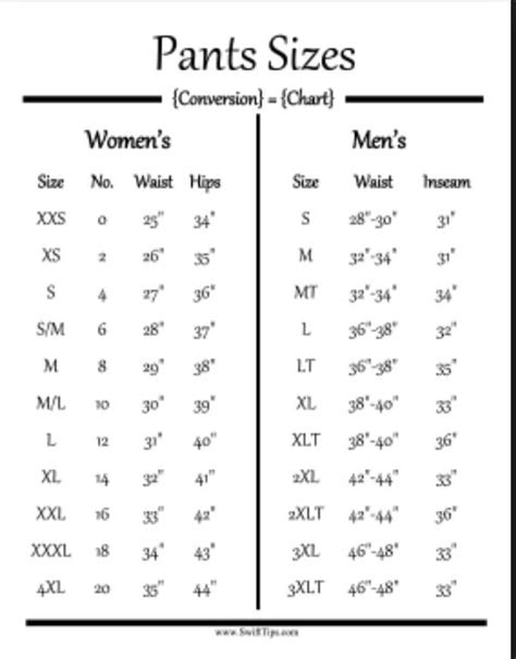 Womens Pants Size Chart To Mens