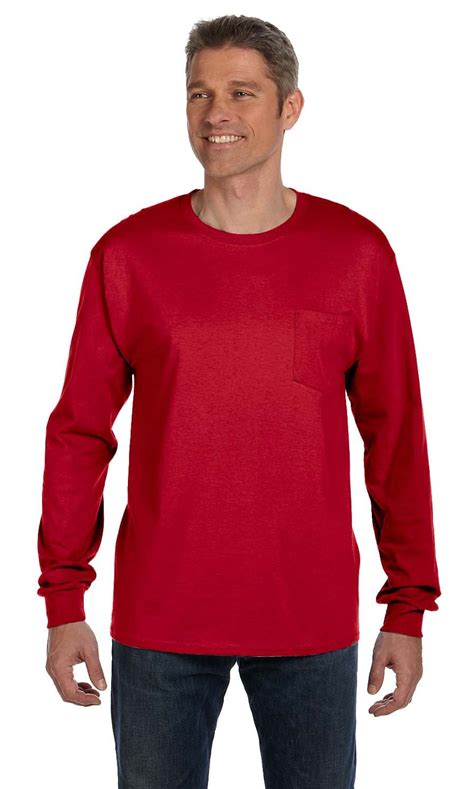 The Hanes Mens 61 Oz Tagless Long Sleeve Pocket T Shirt Deep Red