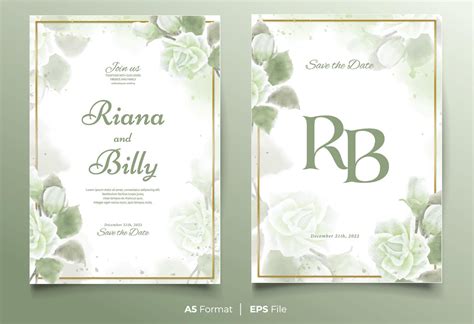 Watercolor Wedding Invitation Template With Green Flower Ornament