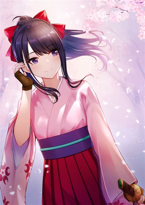 Safebooru 1girl Absurdres Bangs Black Hair Bow Brown Gloves Cherry Blossoms Closed Mouth
