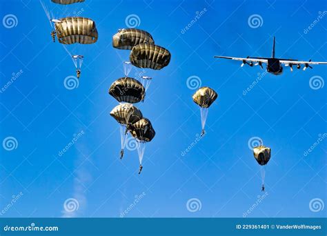 Military Parachutist Paratroopers Parachute Jumping Out Of A Air Force