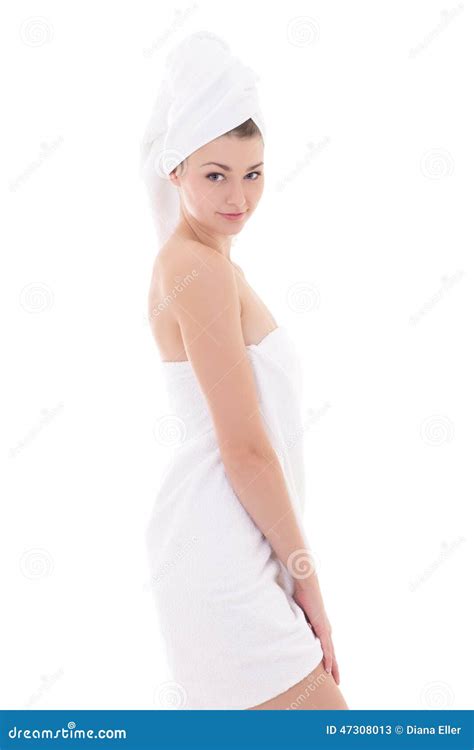 Young Beautiful Slim Woman Wrapped In Towel Isolated On White Stock Image Image Of Beautiful
