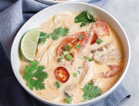 It typically includes key ingredients like coconut milk, limes, ginger , chili peppers, lemongrass, chicken, chicken broth, cilantro and mushrooms. Thai Coconut Chicken Soup (Tom Kha Gai) with Rice Noodles ...