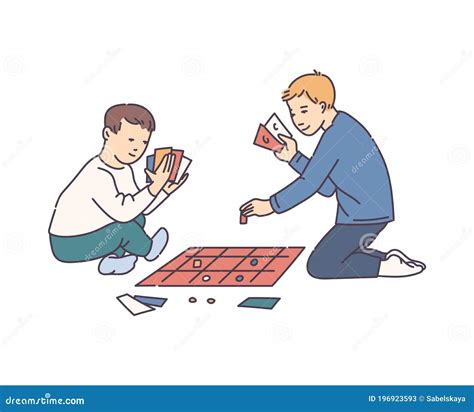 Two Boys Playing Tabletop Board Game With Cards Vector Illustration