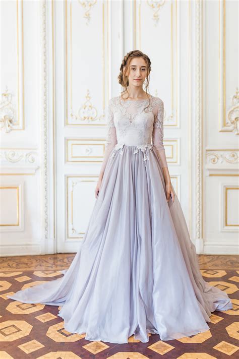 Lavender Wedding Gown With Sheer Sleeves And Floral Appliques Floating