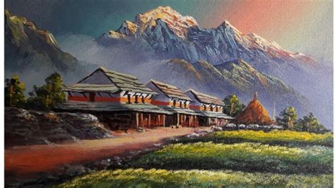 Mount Annapurna Nepali Village Painting Nepali Painting Acrylic