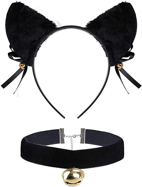 Flofia Black Cat Ear Headband Velvet Bell Choker Necklace Collar