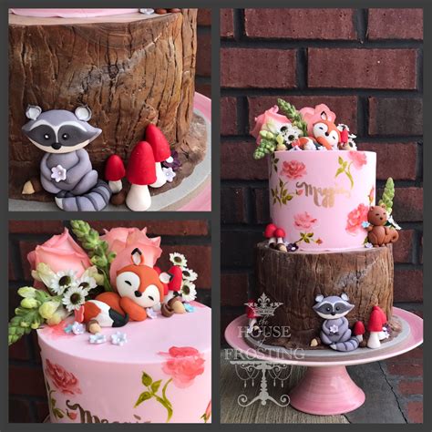 Woodland Baby Shower Cake For Baby Girl With Hand Painted Roses And