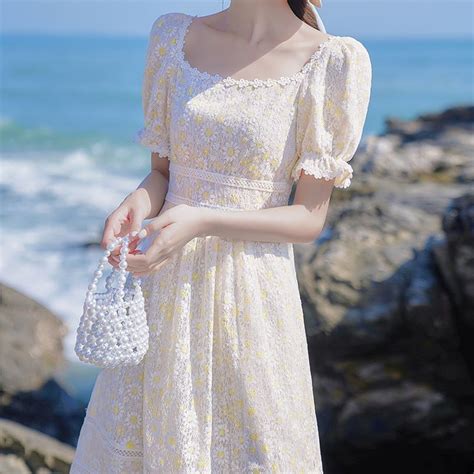 soft cream daisy lace vintage cottagecore style midi dress with puff sleeves meghan in 2021