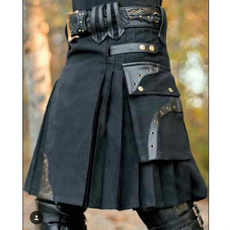 New Men Black Utility Kilt With Leather Loops Scottish Kilt Etsy