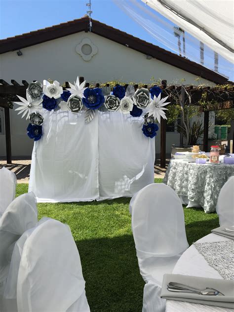 Royal Blue Silver And White Paper Flower Backdrop Photo Booth