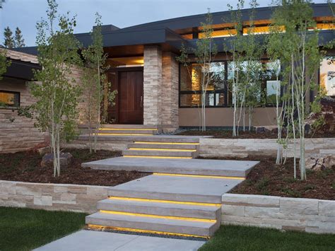 With this simple design, we can reduce the length of a stair. Lighting under steps | Exterior stairs, Modern landscaping, Modern landscape design