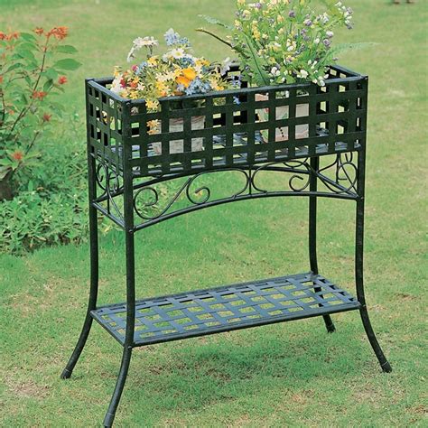 Elevated Rectangular Metal Planter Stand In Black Wrought Iron