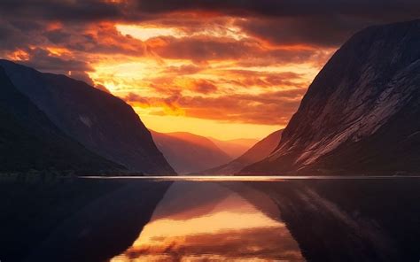 Landscape Nature Fjord Mountain Sun Rays Clouds Sunset Calm Sea
