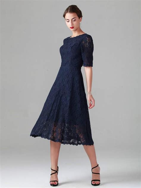 Dam3425 Lace Tea Length Navy Blue Mother Of The Bride Short Dress