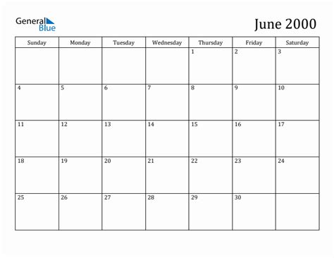 June 2000 Monthly Calendar Pdf Word Excel