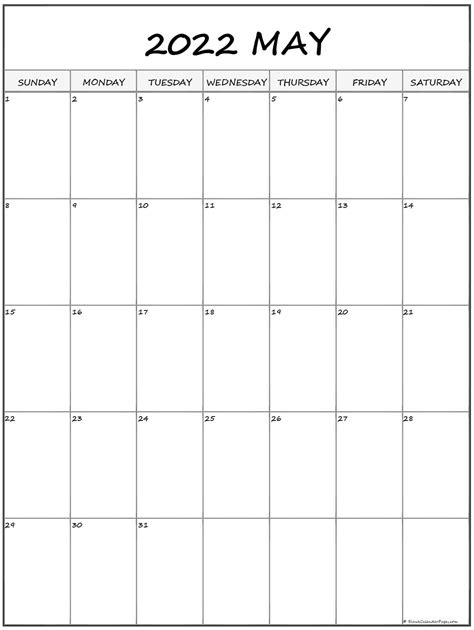 Vertical Calendar Template May 2022 Calendar 2022