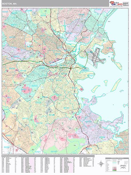 Boston Massachusetts Zip Code Wall Map Premium Style By Marketmaps