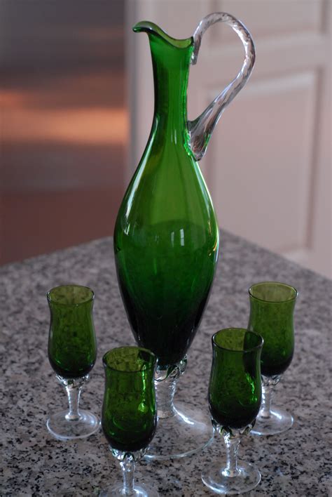 Vintage 1960 S Alcohol Decanter And Glass Set Beautiful Green Glass Set Liquor Decanter