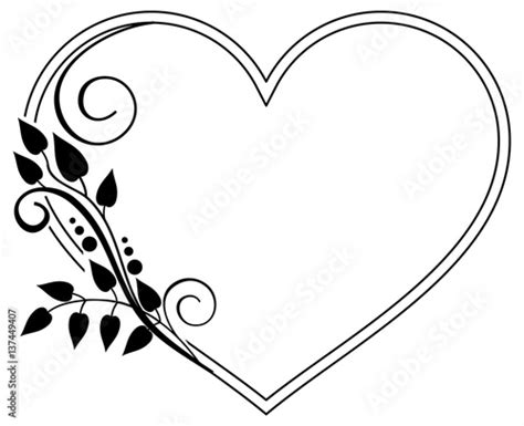 Heart Shaped Black And White Frame With Floral Silhouettes Vector Clip
