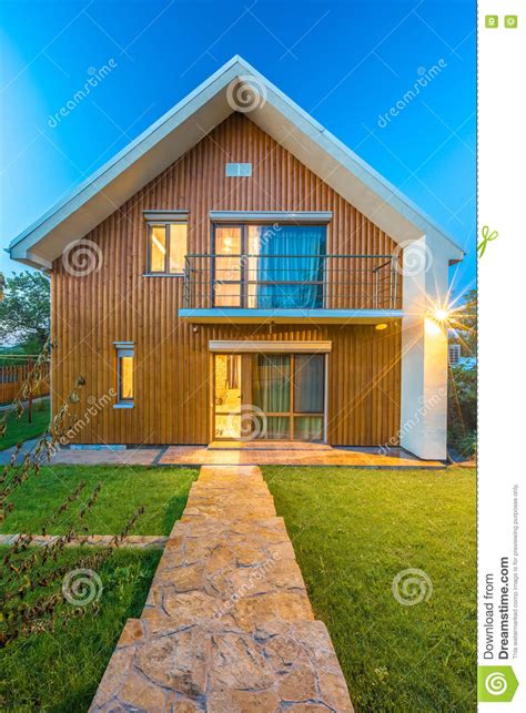 Wooden House With Meadow In Front Of It Stock Image Image Of Facade