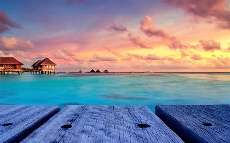 Tropical Beach Nature Sunset Landscape Bungalow Maldives Resort