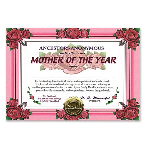 Mother Of The Year Mothers Day Certificate Pack Of 1 Certificate