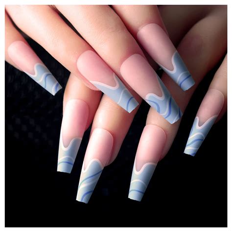 Buy French Tip Press On Nails Long Acrylic Coffin Fake Nails24pcs Glossy Stick On Nails Blue