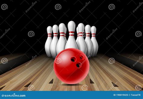 Red Glossy Ball Rolling On Bowling Alley Line To Ten Placed In Order