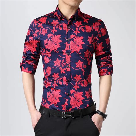 Best Flower Floral Casual Shirt Menbig Yards Slim Long Sleeve Shirt Men Fashion Brand Cotton