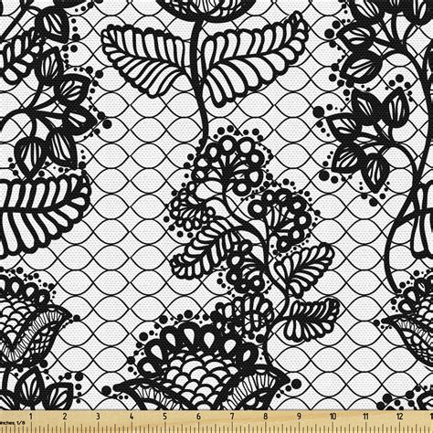 Black White Fabric By The Yard Lace Style Victorian Flower Motifs On
