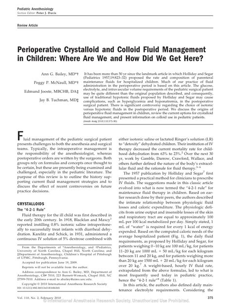 Crystalloids and colloids are plasma volume expanders used to increase a depleted circulating volume. Perioperative crystalloid and colloid fluid management in ...