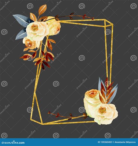 Geometric Golden Frame With Watercolor Roses Bouquets Stock Photo