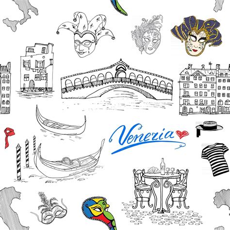 Venice Italy Seamless Pattern Hand Drawn Sketch Doodle Drawing Vector