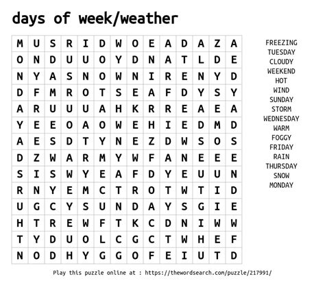 Days Of Weekweather Word Search